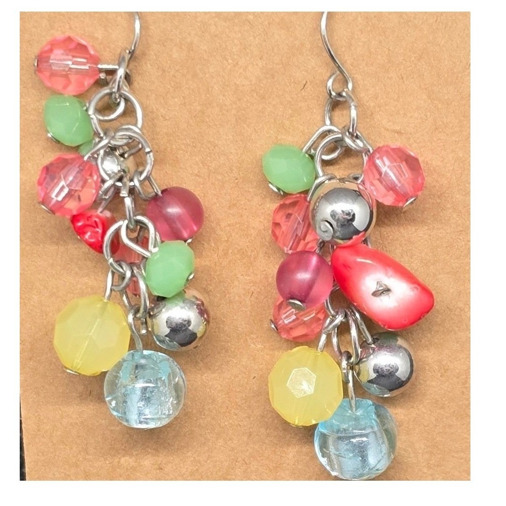 Multicolor Cluster Dangle Earrings Women Beaded Silver Tone Drop Fishhook Boho